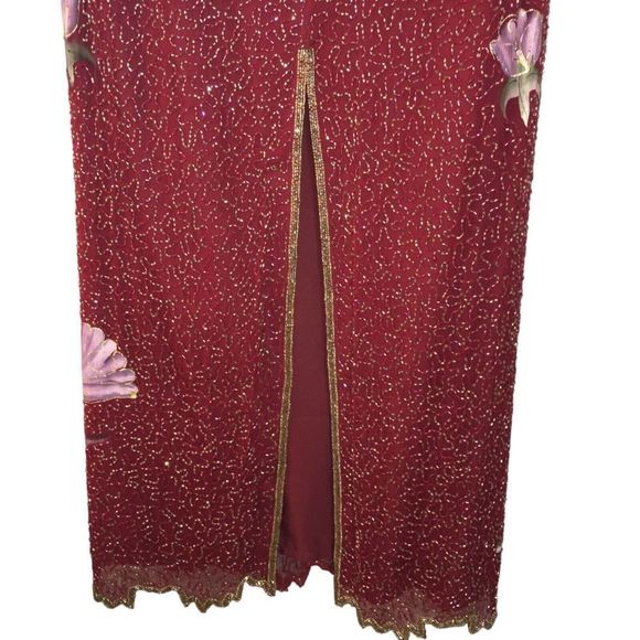 Laurence Kazar Vintage Beaded Dress Red Gold Tulips Long Evening Gown Size 8 - Picture 6 of 9